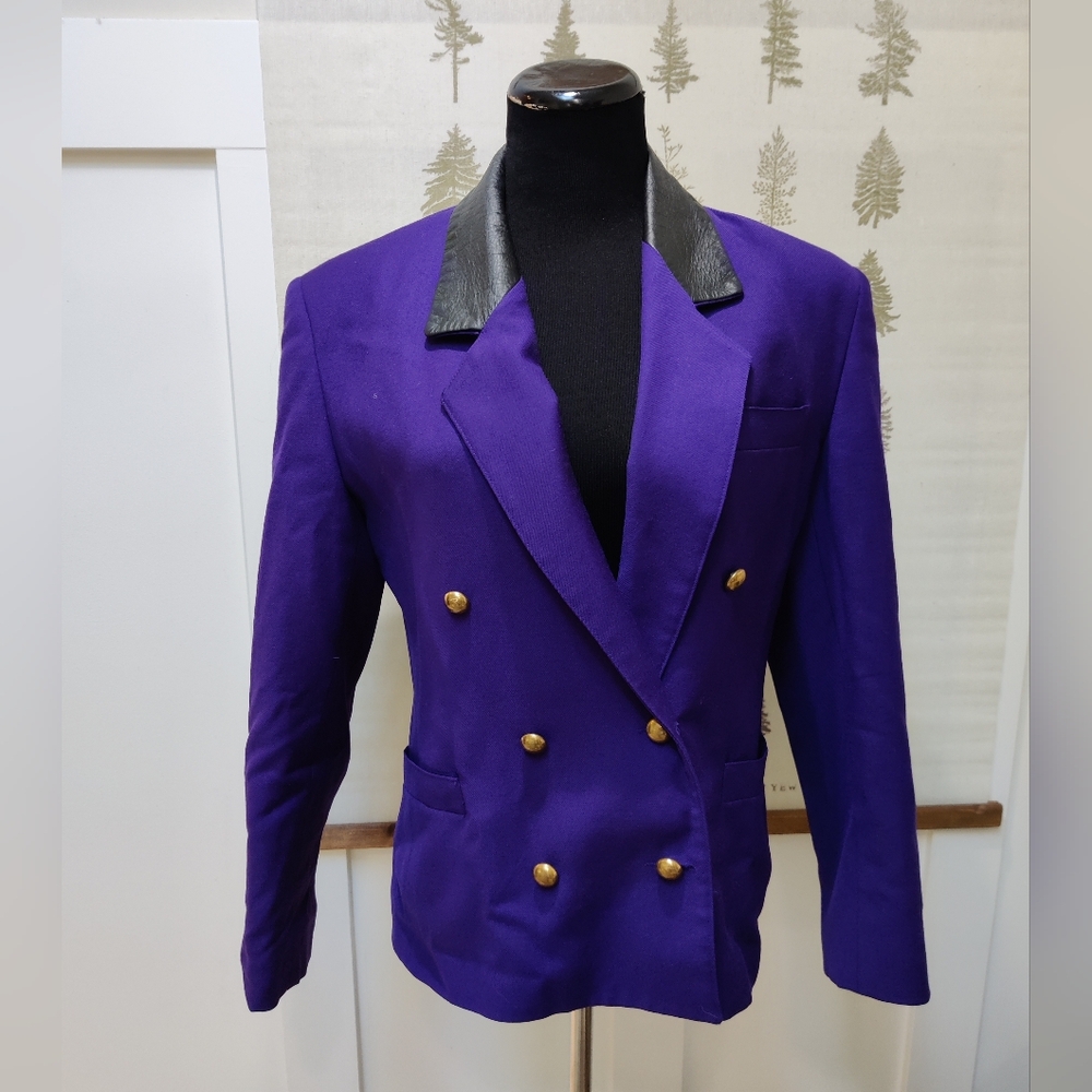 Vintage Purple Wool Blazer with Black Faux Leather Collar & Gold Buttons – Zacks